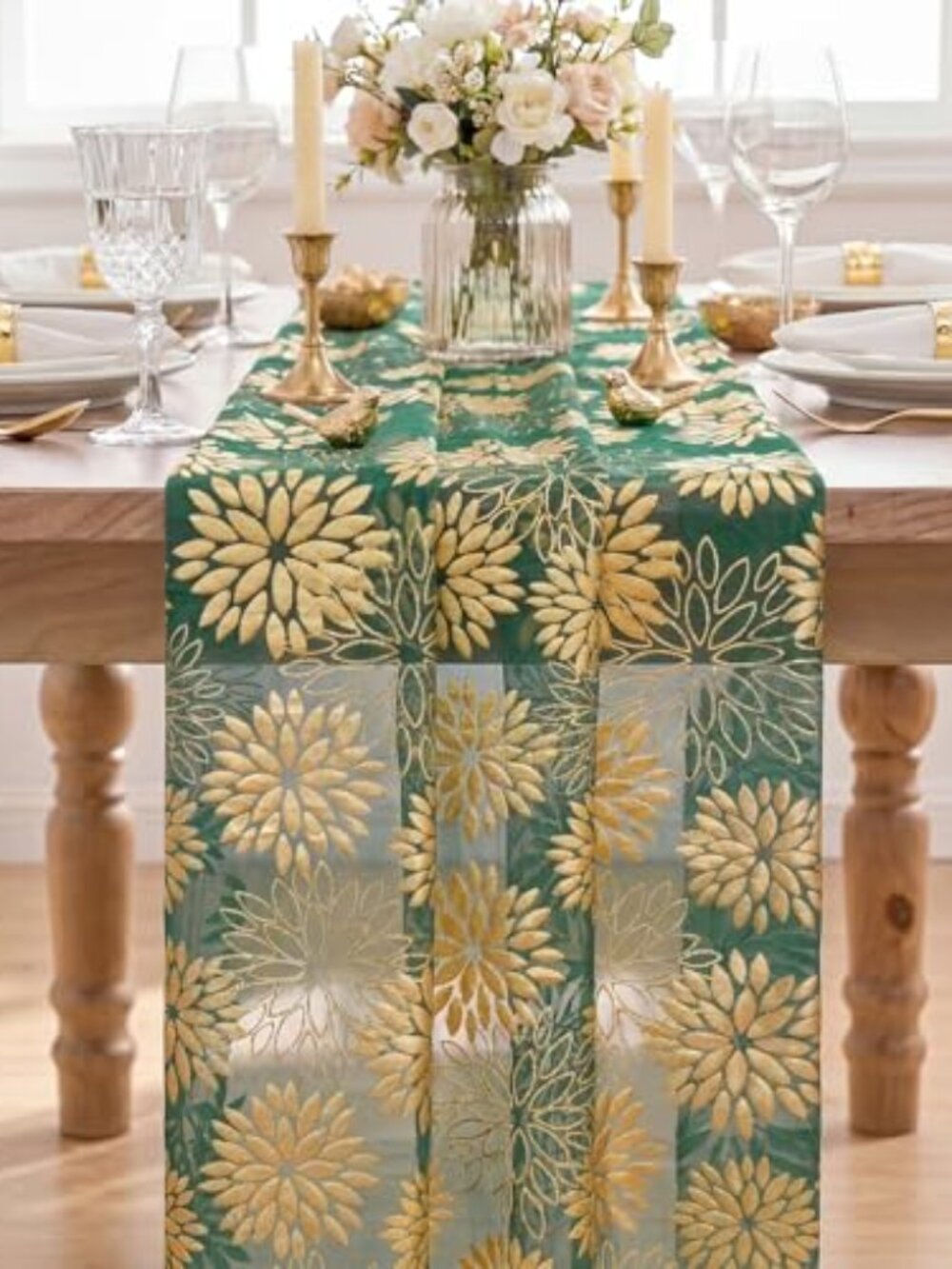 New - Green Gold Dahlia Flower Gauze Table Runner 120 Inch 10FT